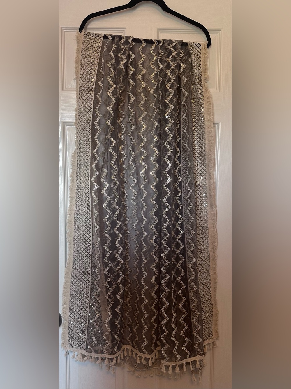 Embellished Fringe & Sparkle Gray & Cream Table or Bed Runner - 86” x 35”